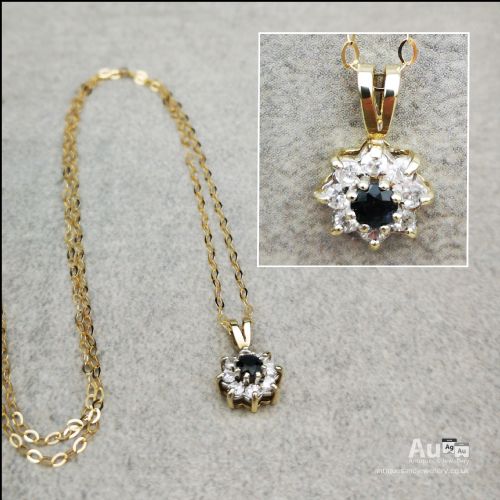 fig 1. 9ct Gold Daisy Sapphire Traditional Cluster Pendant and Chain