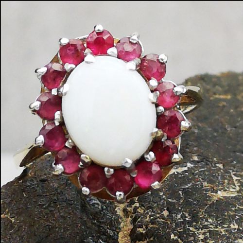 9ct Gold Fiery Opal and Ruby Large Cluster Ring