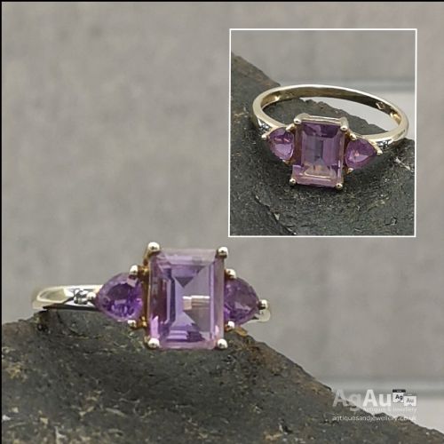 fig 1. 9ct Gold Diamond & Three Stone Amethyst Ring