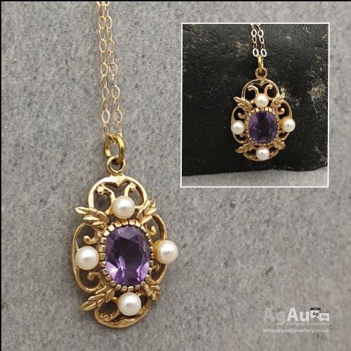 fig 1. 9ct Gold Amethyst & Cultured Pearl Pendant
