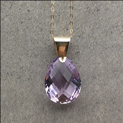 9ct Gold Exceptional Large (15ct) Faceted Pear Drop Amethyst Pendant and Chain