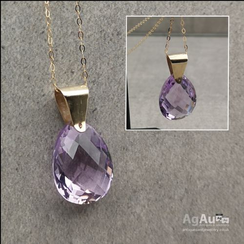 fig 1. 9ct Gold Exceptional Large (15ct) Faceted Pear Drop Amethyst Pendant and Chain