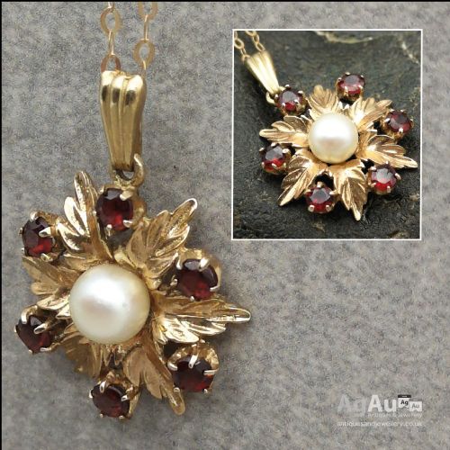 fig 1. 9ct Gold Garnet & Cultured Pearl Pendant with Chain