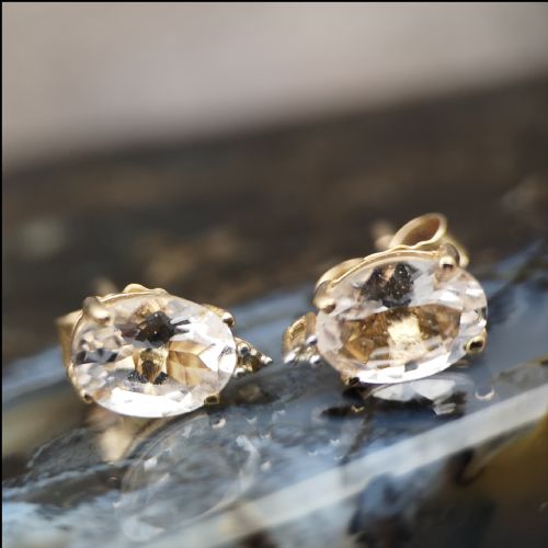 9ct Gold Diamond & White Tourmaline Stud Earrings