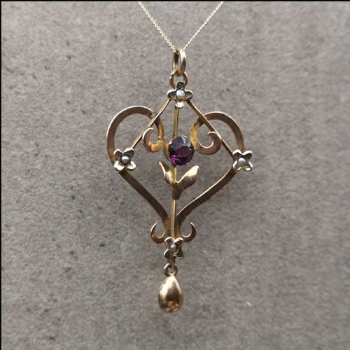 9ct Gold Victorian Amethyst and Seed Pearl Mourning Pendant and Chain