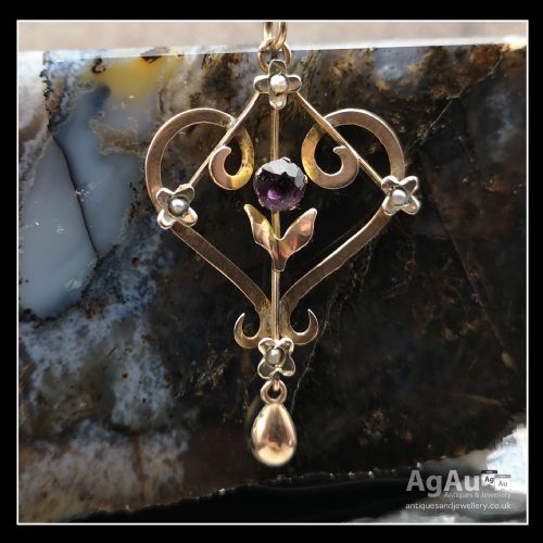 fig 1. 9ct Gold Victorian Amethyst and Seed Pearl Mourning Pendant and Chain