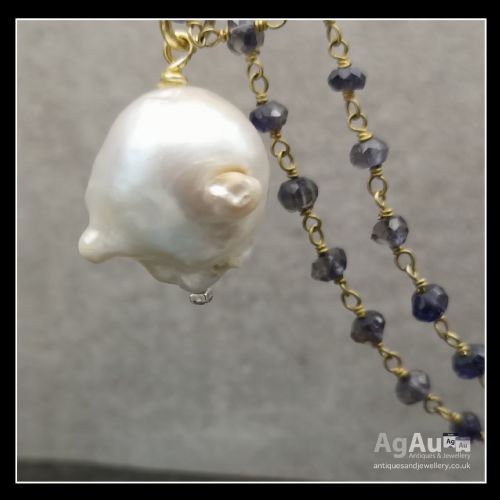 fig 1. 9ct Gold Clasp Amethyst Bead & Baroque Pearl with Diamond Pendant and Chain