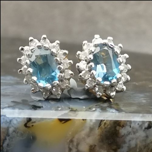 9ct Gold Diamond & Blue Topaz Cluster Stud Earrings