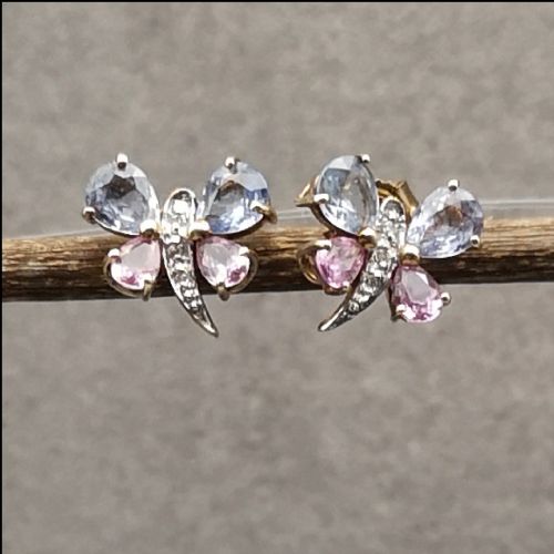 9ct Gold Diamond, Corn Flower Blue and Pink Sapphire Stud Earrings