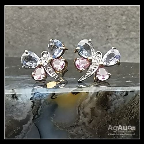 fig 1. 9ct Gold Diamond, Corn Flower Blue and Pink Sapphire Stud Earrings