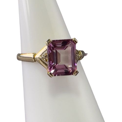 9ct Gold Diamond & Emerald Cut Pink Topaz Three Stone Ring