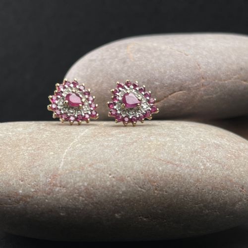 9ct Gold Ruby & Diamond Heart Large Stud Earrings