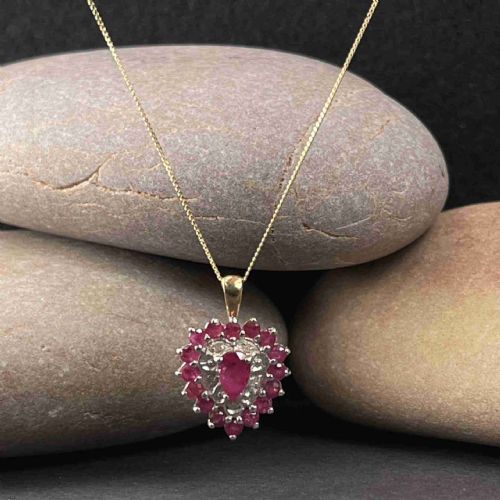 9ct Gold Ruby & Diamond Heart Large Pendant Necklace