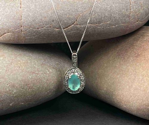 9ct White Gold Green Chalcedony Stone & Diamond Necklace Pendant