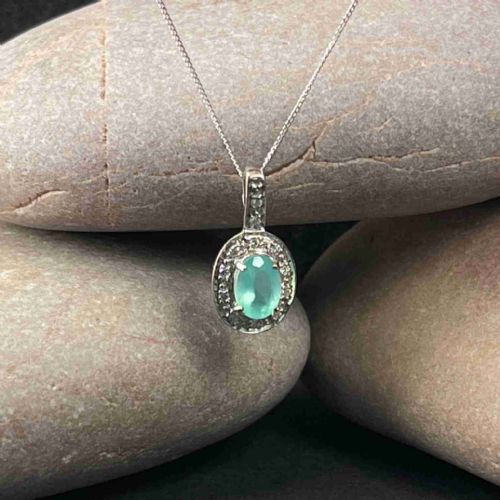 fig 1. 9ct White Gold Green Chalcedony Stone & Diamond Necklace Pendant