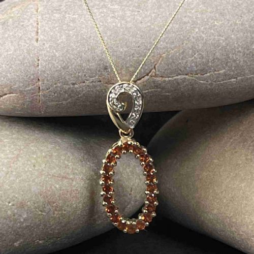 9ct Gold Orange Zircon & Diamond Pendant Necklace