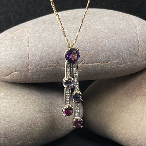 9ct Gold Diamond, Amethyst, Lolite & Garnet Necklace