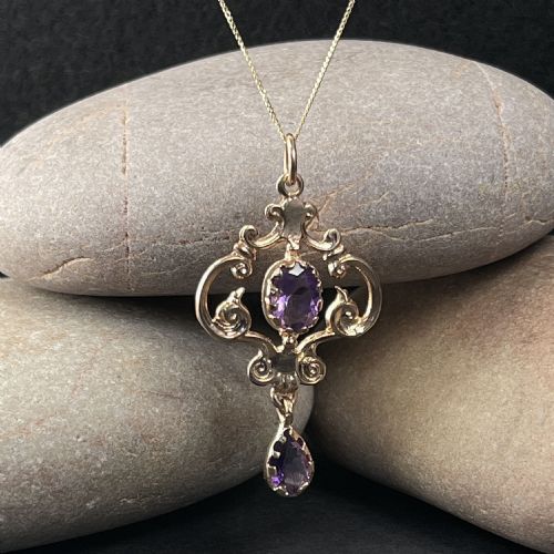 9ct Rose Gold Art Nouveau Amethyst Lavalier Pendant Necklace
