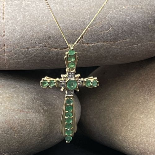 fig 1. 9ct Gold Emerald & Diamond Cross Pendant Necklace