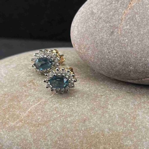 9ct Gold Diamond & Blue Topaz Cluster Stud Earrings