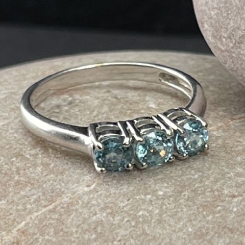 9ct White Gold Blue Zircon Three Stone Ring