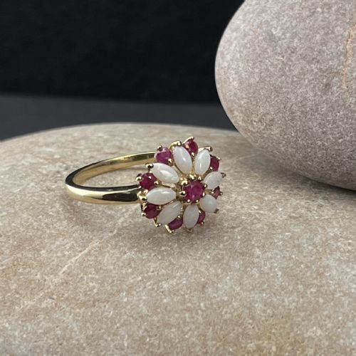 9ct Gold Ruby & Opal Cluster Ring