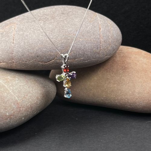 fig 1. 9ct White Gold Multi-Gem Cross Pendant Necklace