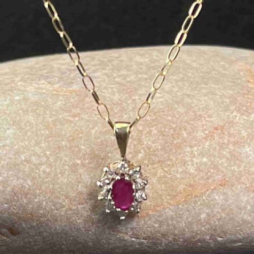 9ct Gold Ruby & Diamond Cluster Pendant Necklace