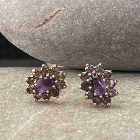 9ct Gold Amethyst Cluster Stud Earrings
