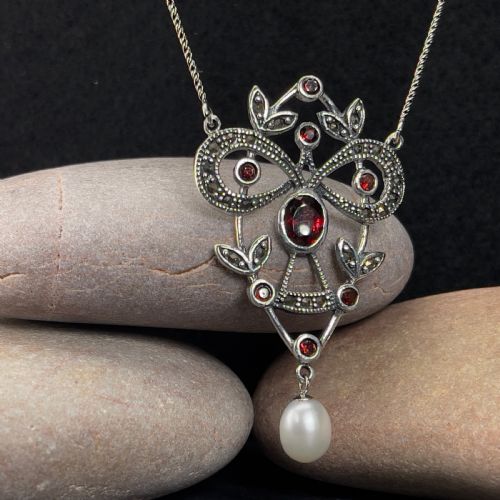 Antique Victorian Silver Garnet, Cultured Pearl & Marcasite Pendant Necklace