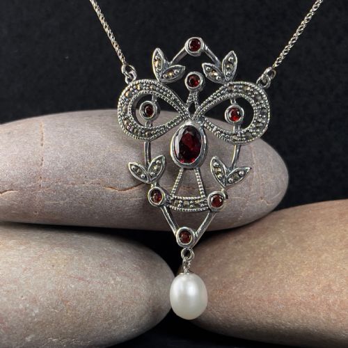 fig 1. Antique Victorian Silver Garnet, Cultured Pearl & Marcasite Pendant Necklace