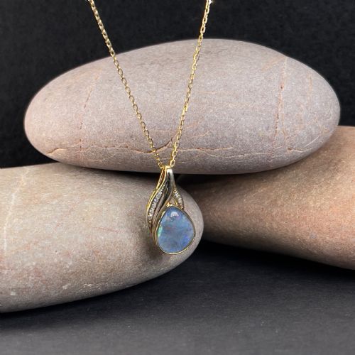 9ct Gold Diamond & Black Opal Pendant Necklace