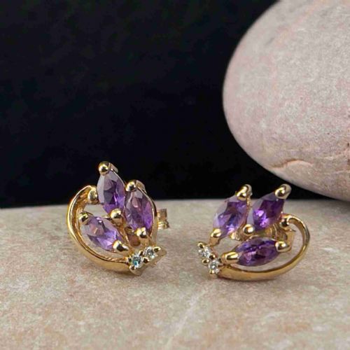 fig 1. 9ct Gold Diamond & Amethyst Stud Earrings