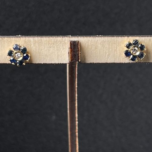 fig 1. 9ct Gold Sapphire & Diamond Cluster Stud Earrings