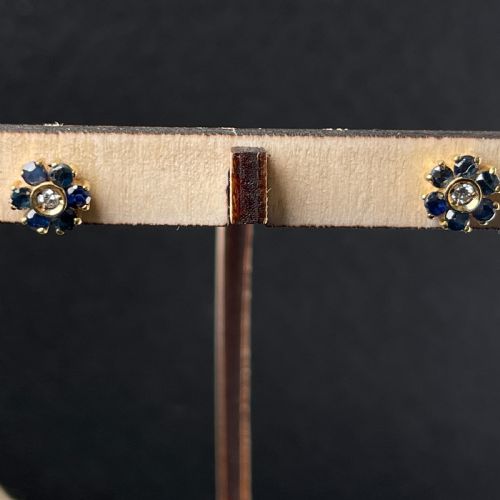 9ct Gold Sapphire & Diamond Cluster Stud Earrings
