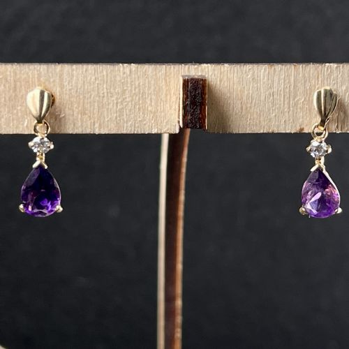 9ct Gold Pear Drop Amethyst Drop Stud Earrings
