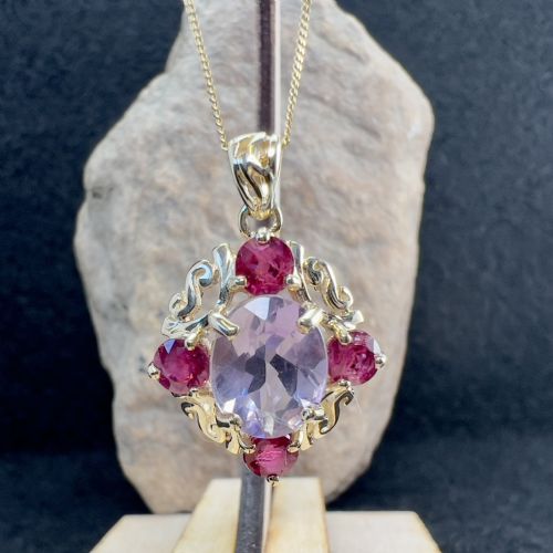9ct Gold Large Amethyst & Ruby Pendant Necklace