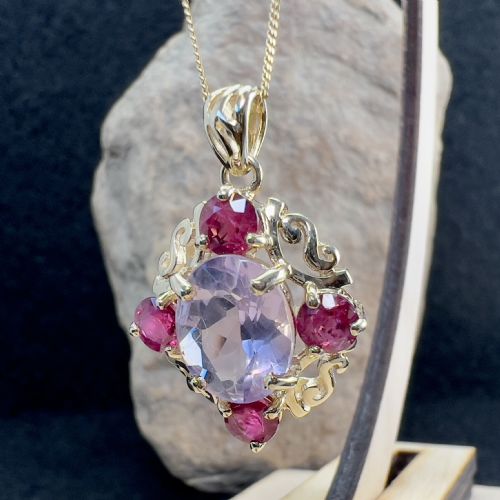 fig 1. 9ct Gold Large Amethyst & Ruby Pendant Necklace