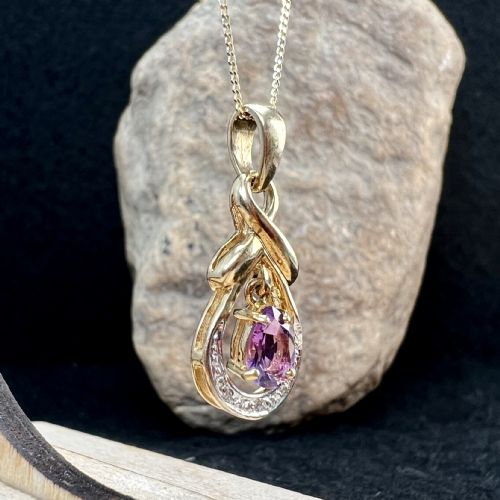 9CT GOLD PEAR DROP AMETHYST DIAMOND PENDANT NECKLACE - ADDITIONAL PHOTO 2