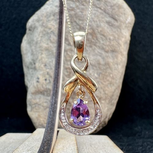 9CT GOLD PEAR DROP AMETHYST DIAMOND PENDANT NECKLACE - ADDITIONAL PHOTO 3