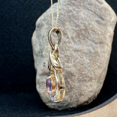 9CT GOLD PEAR DROP AMETHYST DIAMOND PENDANT NECKLACE - ADDITIONAL PHOTO 6