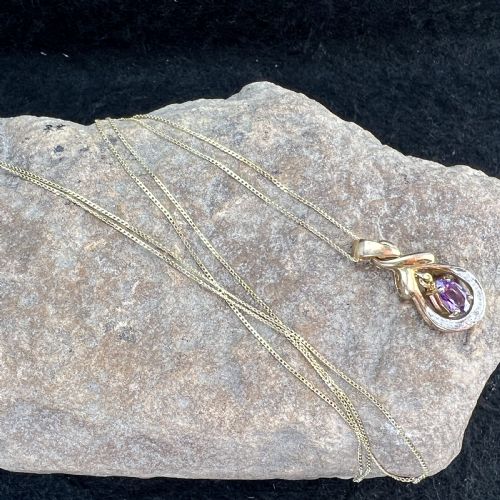 9CT GOLD PEAR DROP AMETHYST DIAMOND PENDANT NECKLACE - ADDITIONAL PHOTO 7
