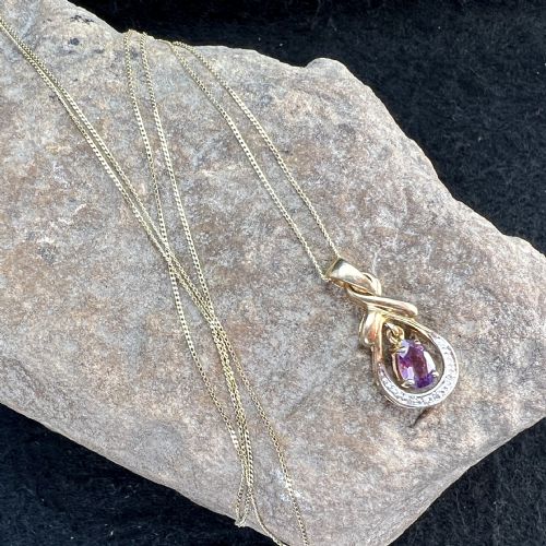9CT GOLD PEAR DROP AMETHYST DIAMOND PENDANT NECKLACE - ADDITIONAL PHOTO 8
