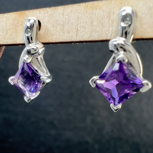 fig 1. 10ct White Gold Princess Cut Amethyst & Diamond Stud Earrings
