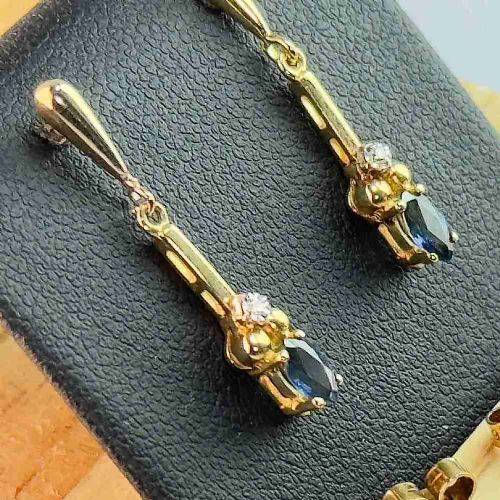 fig 1. 9ct Gold Diamond & Sapphire Drop Stud Earrings