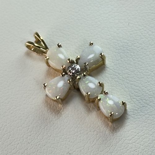 9ct Gold Opal & Diamond Cross Pendant