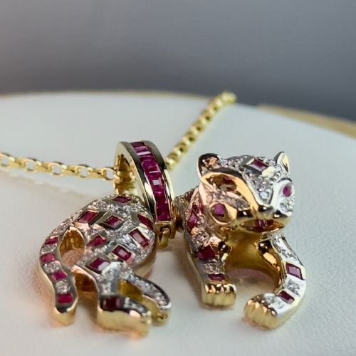 fig 1. 9ct Gold Diamond & Ruby Jaguar Pendant Necklace
