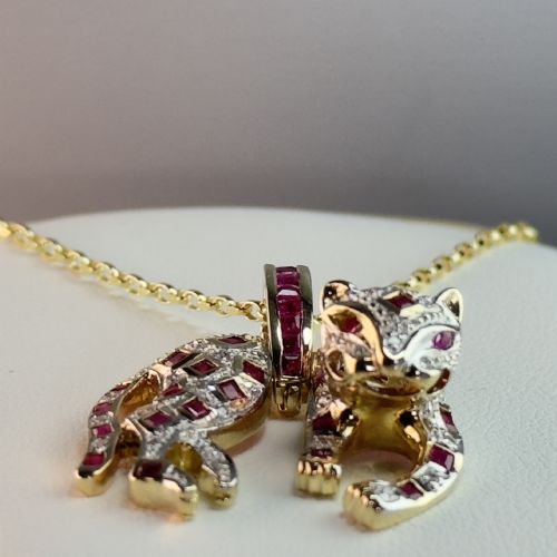 9ct Gold Diamond & Ruby Jaguar Pendant Necklace