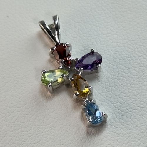 9CT WHITE GOLD MULTIGEM CROSS PENDANT - ADDITIONAL PHOTO 7