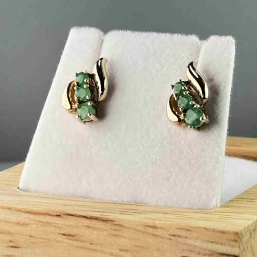 9ct Gold Three Stone Emerald Stud Earrings